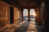 Ancient Egyptian temple corridor at sunrise