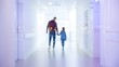 © PixelNet - Parent and child holding hands behind frosted glass in clinic corridor