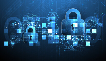Abstract technological background on the topic of information protection. Various technological elements with padlocks inside which is a digital code.