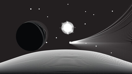 Wall Mural - Star and moon and comet in outer space. Futuristic landscape, with lines texture . Space landscape with moon and sun . Deep space vector illustration. Vector line art. Star explosion .