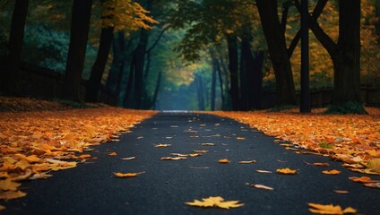 Wall Mural - Picturesque asphalt road in the park surrounded by autumn trees with vibrant green and yellow foliage. Fall season forestal alley landscape photo illustration wallpaper.	