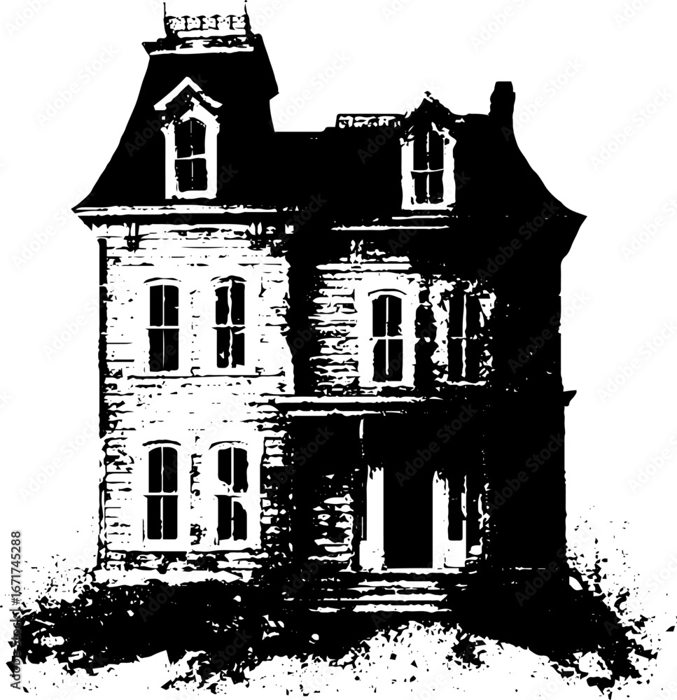 Grunge black and white illustration of haunted house - vintage ...