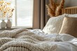 © FrameFlow - Close up of bed with white bedding against window. Scandinavian interior design of modern bedroom, Generative AI