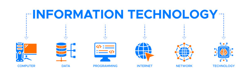 Information technology banner web icon vector illustration concept with icon of computer, data, programming, database, internet, network, and technology