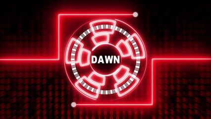 Red Neon Futuristic HUD Circle with Binary Code Background and DAWN Text interface technology