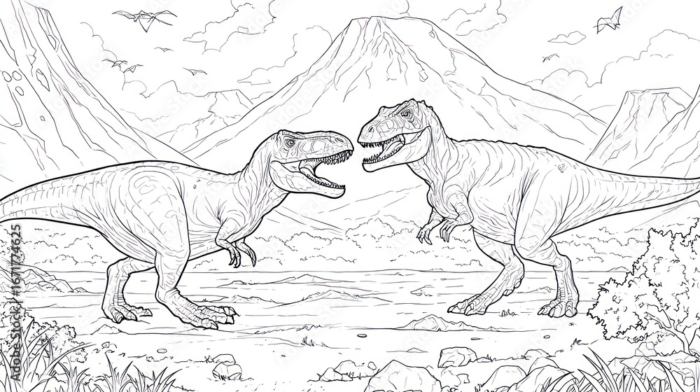 Two Tyrannosaurus Rex dinosaurs facing each other in a prehistoric ...