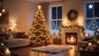 © Hamid - A festive interior scene depicting a warmly lit living room adorned for Christmas. Christmas, Christmas Tree, Merry Christmas, Christmas Background, Christmas Lights