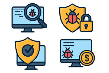 Cybersecurity icon set for bug detection and software protection. Vector concepts of virus scan, malware prevention, data security, and the financial risks of cybercrime.