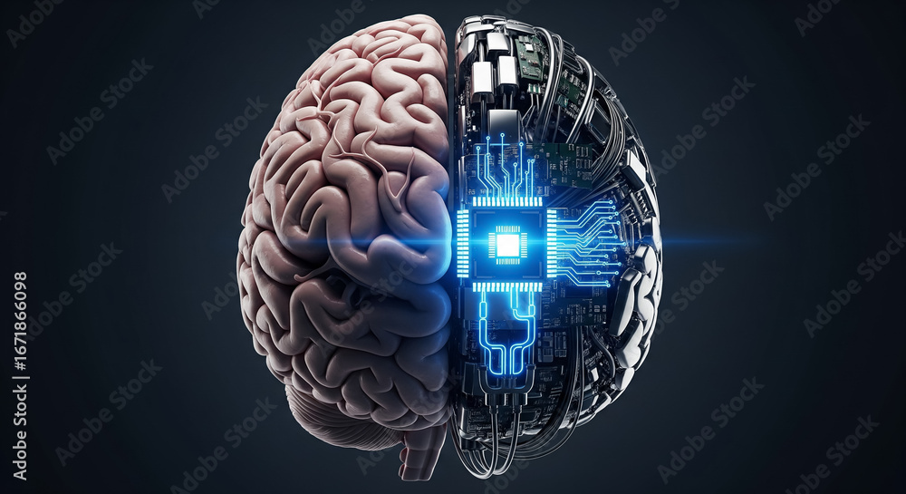 A Human Brain Merging with a Cybernetic Microchip Half Stock Photo ...