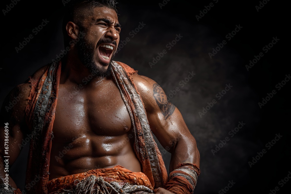 Wrestler’s fierce gaze and tensed muscles reveal raw intensity amidst ...