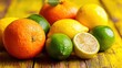 © Horysok - Healthy citrus fruit mix including oranges, lemons, limes arranged on rustic yellow wooden table, vibrant and fresh