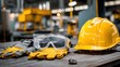 © Horysok - Safety helmet, gloves, and protective goggles arranged on industrial workbench