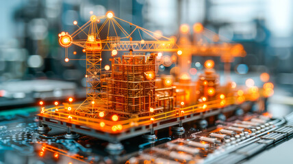 Digital construction site model with glowing elements on a circuit board background