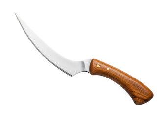 Curved boning knife with wooden handle on transparent background