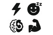 © Sonia - Power nap benefits solid icon set. Vector glyphs of energy boost, mood lift, brain refresh, muscle recovery. Wellness, health, productivity, and relaxation concepts symbols.