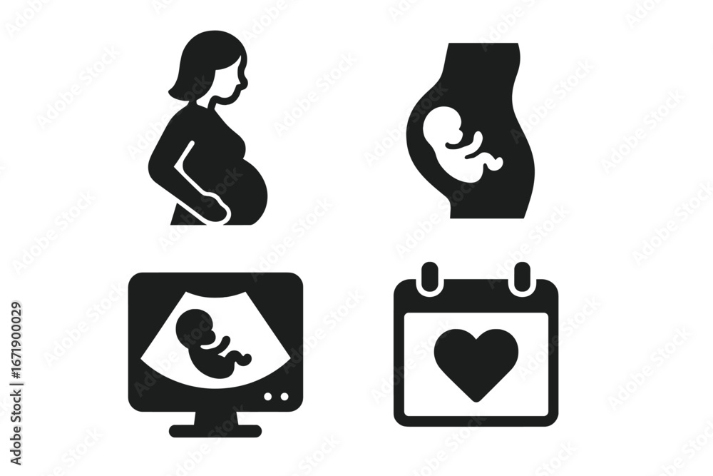 Pregnancy And Maternity Icon Set Pregnant Woman Baby Bump Fetus In Pregnancy And Maternity Icon Set Pregnant Woman Baby Bump Fetus In