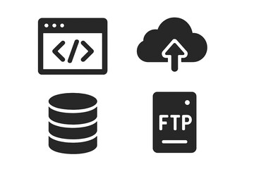 Solid filled website development tools icons set. Code editor symbol, cloud hosting upload, database storage, FTP server flat web icon collection. Digital online vector concept, isolated black design.