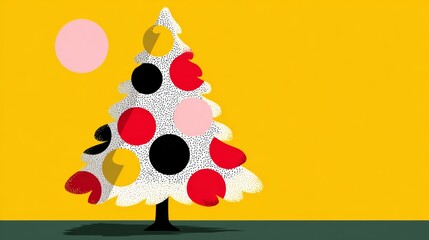Wall Mural - christmas tree with red and black polka dots. the tree is surrounded by a yellow background