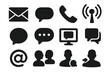 © Darleen - Communication icon set with solid glyph symbols. Vector collection of messaging, contact, and interaction silhouettes including email, chat bubble, phone, and user profile.