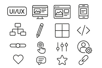 UI UX Outline Icon Set, Interface Design Elements, Simple Line Style Vector, Cartoon Illustration, Transparent Background, Ordered Set 2, Digital Design, Web and App Icons
