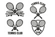 © Hadyn - Tennis club emblems with crossed racquets and tennis balls in elegant monochrome style, vector cartoon illustration set with shield and banner design on transparent background