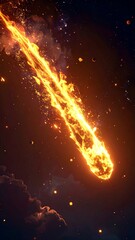 Wall Mural - Golden Fiery Meteor Streaking Across Dark Sky with Distant Stars in Night