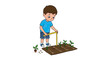 © Etty - Young cartoon boy with brown hair, blue shirt, carefully measuring green plant growth in a small garden patch using a yellow ruler.