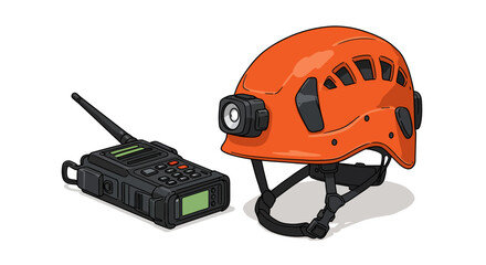 Orange Climbing Helmet with Headlamp and Black Two-Way Radio, Vector Illustration.