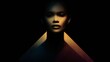 © VU - African american woman portrait in dramatic lighting. Dark background with colorful light beams. Artistic concept for book cover, album art or fashion editorial.