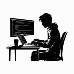 Coding Silhouette of Programmer at Laptop with Monitor