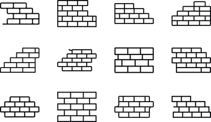 Collection of twelve black line art icons depicting various brick wall configurations