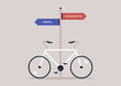 © nadia_snopek - A bicycle with two handlebars facing opposite directions, standing next to a sign pointing Liberal and Conservative, symbolizing a political system stuck with no compromise, a polarization
