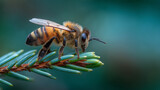 朝露のミツバチが針葉にとまるマクロ接写写真