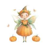 Charming autumn fairy with pumpkin dress and gentle wings amidst falling leaves watercolor painting transparent background