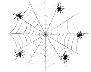 Halloween Decorative Spider Web with Mini Spiders, isolated on transparent background