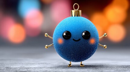 Wall Mural - blue and gold ornament with a smiling face. the ornament is standing on a grey surface. the blue and