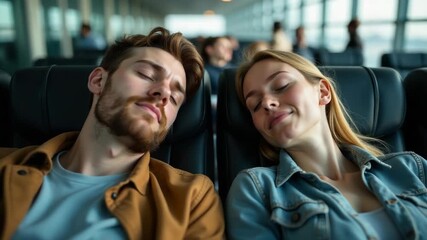 Wall Mural - couple sleeps on a plane, illustration of travel and rest