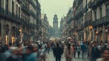 Busy Mexico City street with historical buildings and a clock tower