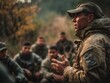 © Artinun - Military instructor demonstrating tactical procedures to group of trainees in outdoor training field, professional knowledge transfer session for leadership development and educational purposes.