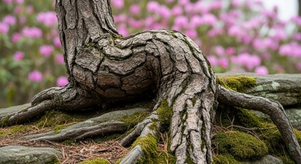 Twisted tree roots with moss on rock in blooming garden