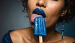 © intricateflow - Close-up of a young lady with vibrant blue lips licking a blue popsicle, capturing a playful, colorful, and visually striking moment, highlighting frozen refreshment, summer vibes, and fun expression