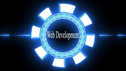 Futuristic Neon Blue Circular HUD Element with Web Development Text on Black Background word typography