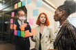 © artitwpd - Diverse team collaborates in modern office, brainstorming with sticky notes on glass wall. Startup workshop highlights strategy, planning, leadership, teamwork, and creative meeting energy.