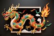 © JetHuynh - A surreal simple frame in dark wall shows Chinese New Year dragon dancing, vibrant scales spilling outside edges