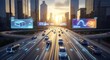 © Subrata - Futuristic city highway with autonomous cars and digital displays