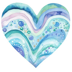 Wall Mural - this is a beautiful watercolor heart illustration in blue and teal colors with an abstract wave patt