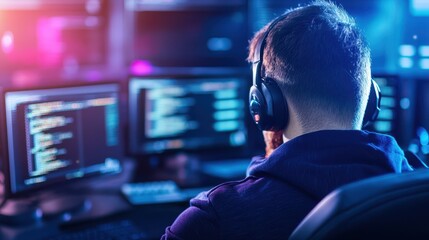 A coder intensely focused on programming, surrounded by multiple computer screens.