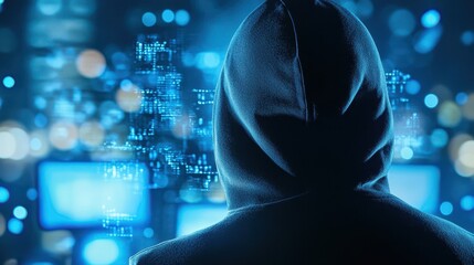 A hooded hacker views a digital interface, hinting at cyber threats and network vulnerabilities.