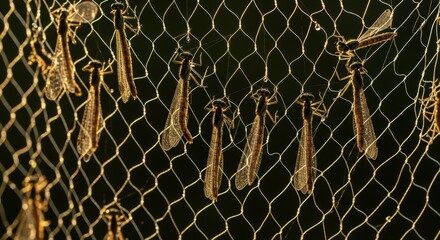 Dragonflies trapped in netting: evening light captures insects on mesh