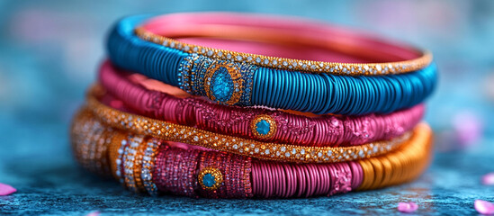 Colorful bangles stacked on blue surface with bokeh background